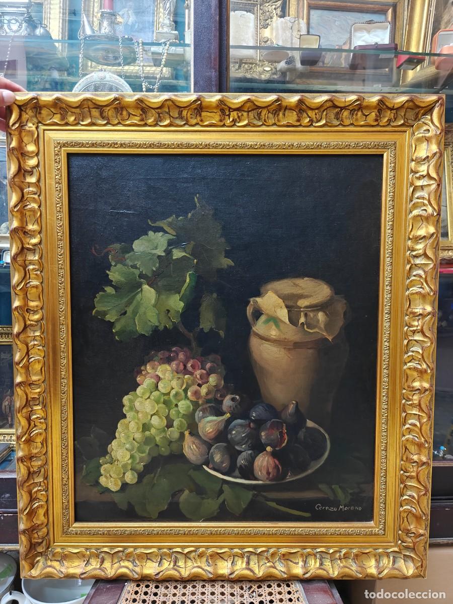 Arte: Magn&iacute;fico &oacute;leo sobre lienzo &rdquo;Bodeg&oacute;n con uvas e higos&rdquo; firmado Cerezo Moreno