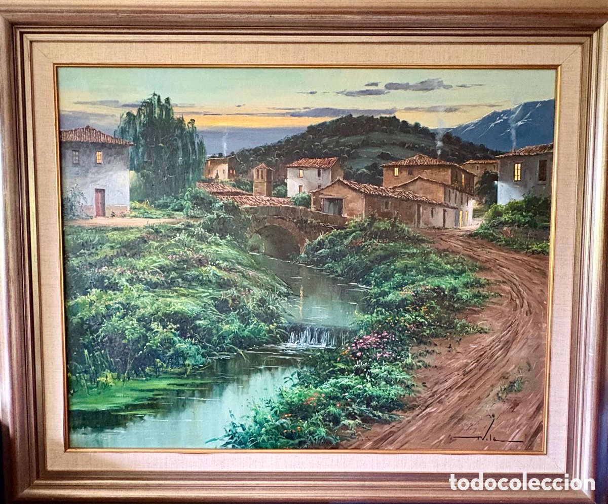Arte: Oleo. Tomas Vila. Atardecer en un pueblo de Burgos. Cerca de Puentedey.