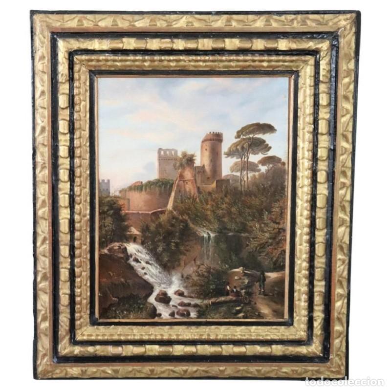 Arte: Paisaje con castillo, &oacute;leo sobre lienzo, firmado M.G., Italia siglo XVIII