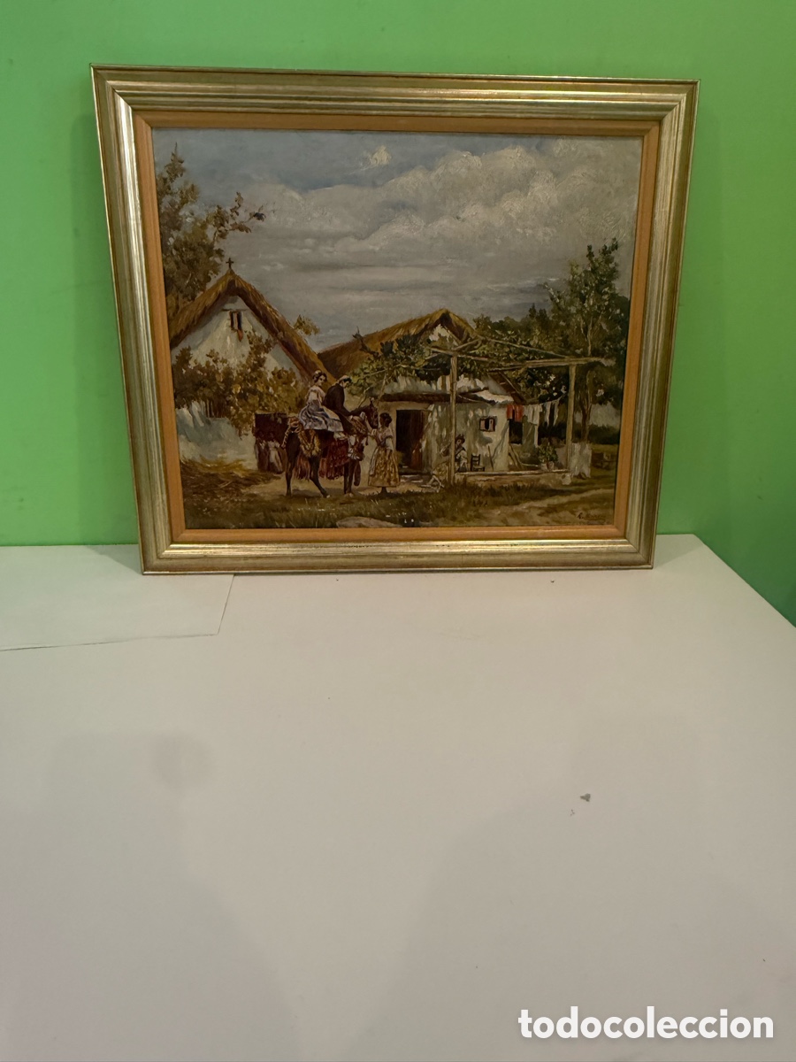 Arte: Antiguo &oacute;leo sobre lienzo firmado R. Nespleda. Escena costumbrista. Primera mitad s. XX
