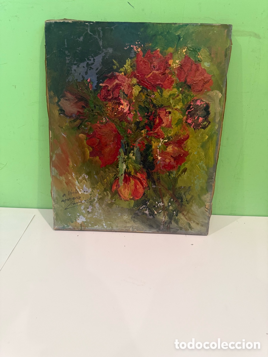 Arte: Antiguo &oacute;leo sobre lienzo firmado. Bodeg&oacute;n floral. Ver fotos