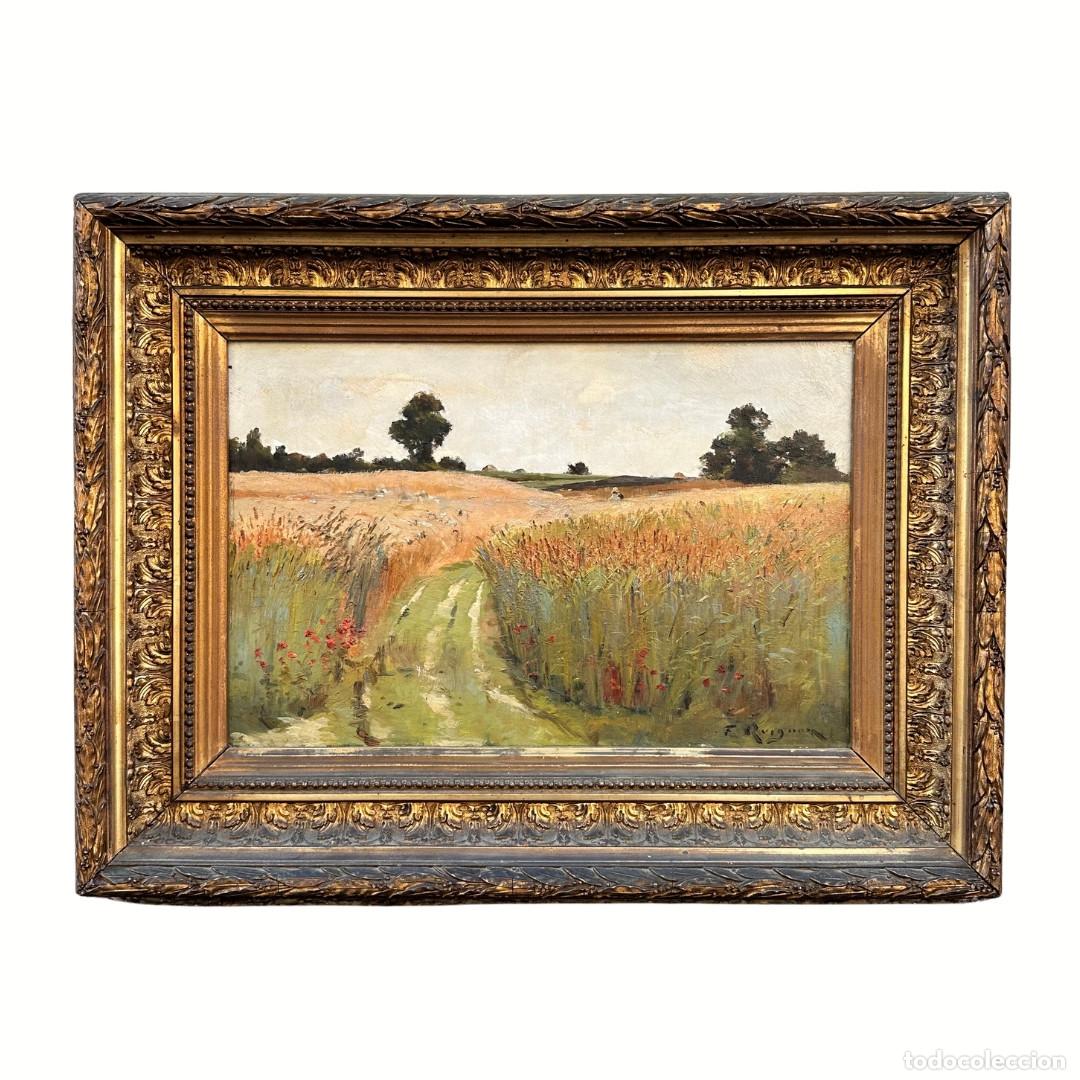 Arte: &Oacute;leo sobre tabla &ldquo;Paseando por campos de trigo&rdquo;, Fernand Quignon, Impresionismo, f. s. XIX - Francia