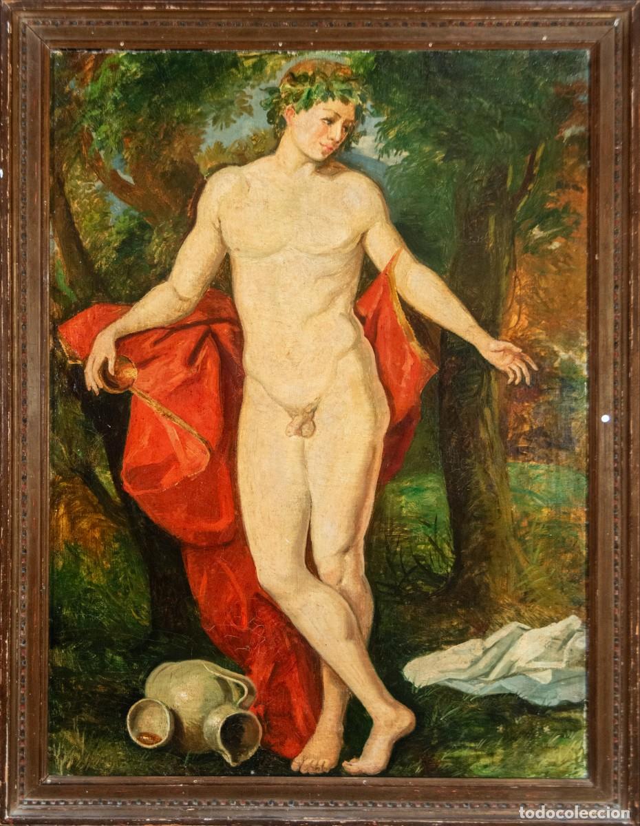 Arte: &Oacute;leo Baco Dioniso desnudo masculino escuela europea siglo XIX gran formato