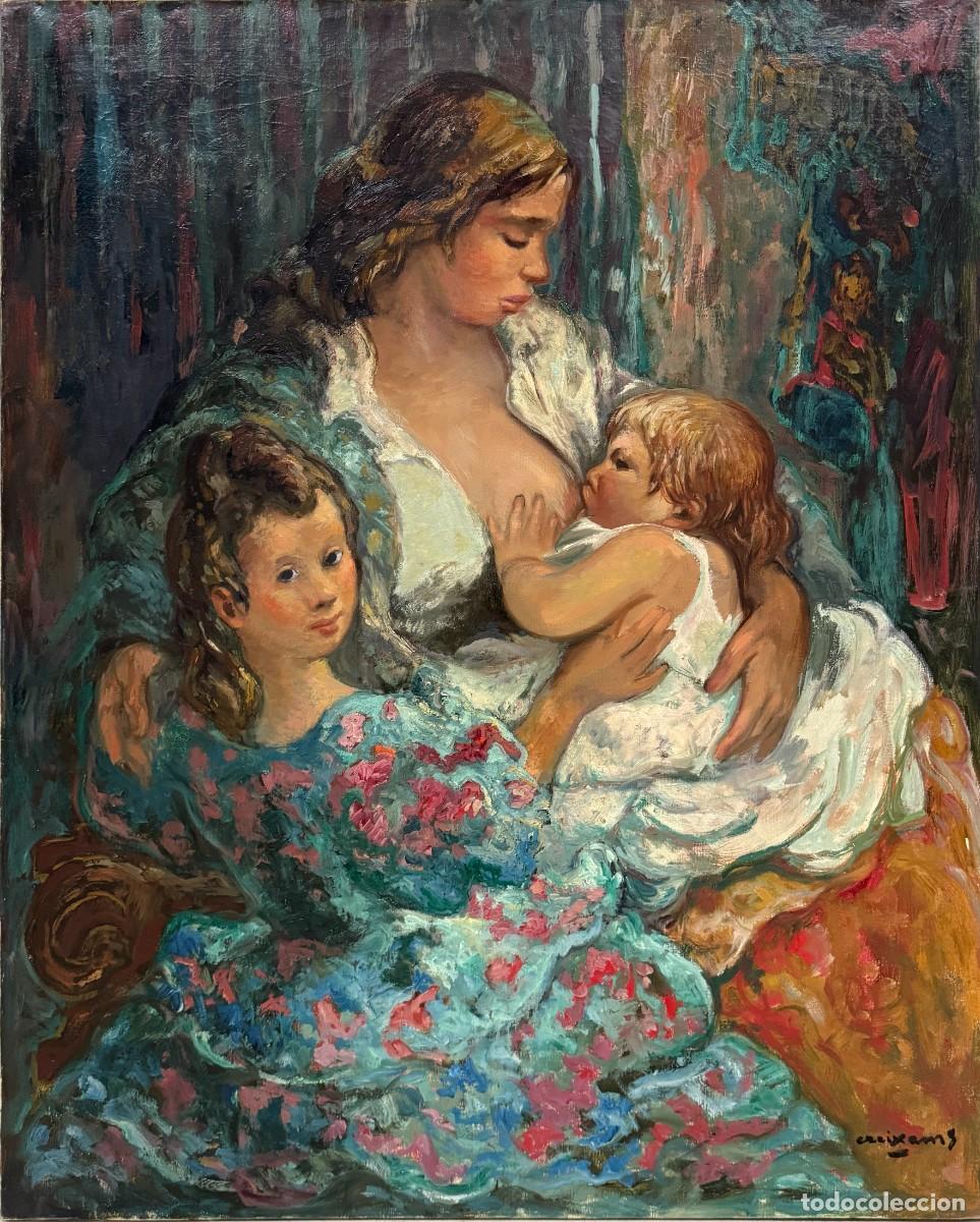 Arte: Pedro Creixams &ndash; Escena &iacute;ntima de maternidad con ni&ntilde;os, gran &oacute;leo Escuela de Par&iacute;s