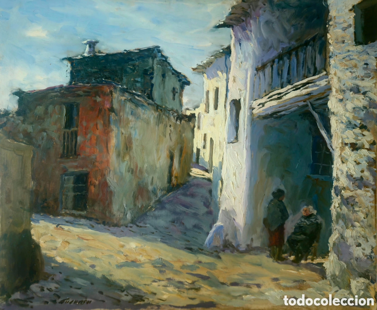 Kunst: Jose Guevara ( M&aacute;laga 1930-2017 ) magnifica pintura pueblo andaluz, firmada.