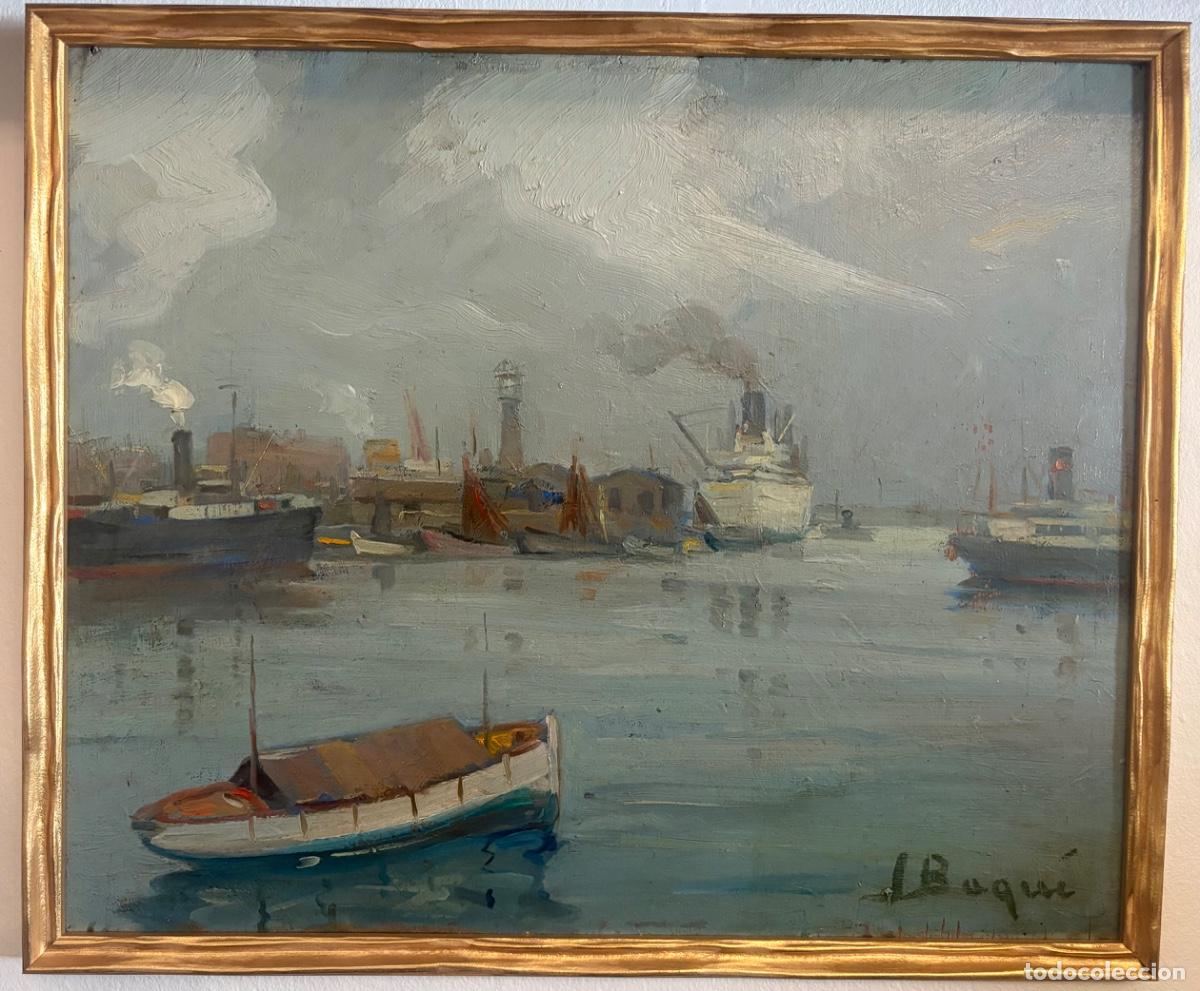 Arte: &Oacute;leo original Josep Oriol Baqu&eacute; Mercader (J. Baqu&eacute;) &ndash; Puerto de Barcelona. D&iacute;a gris &ndash; Exposici&oacute;n Gal