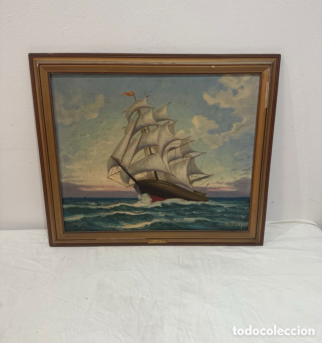 Arte: Antiguo &oacute;leo sobre lienzo marina con velero firmado y enmarcado Electrofit 1957
