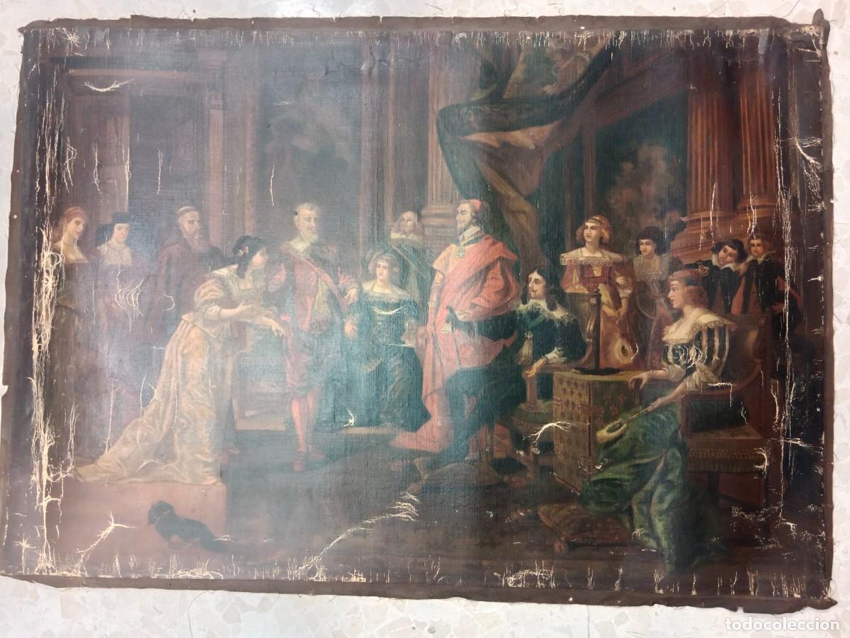 Arte: ANTIGUO OLEO SOBRE LIENZO LOS REYES DE FRANCIA (LUIS XIII Y ANA DE AUSTRIA) Y RICHELIEU EN AUDIENCIA