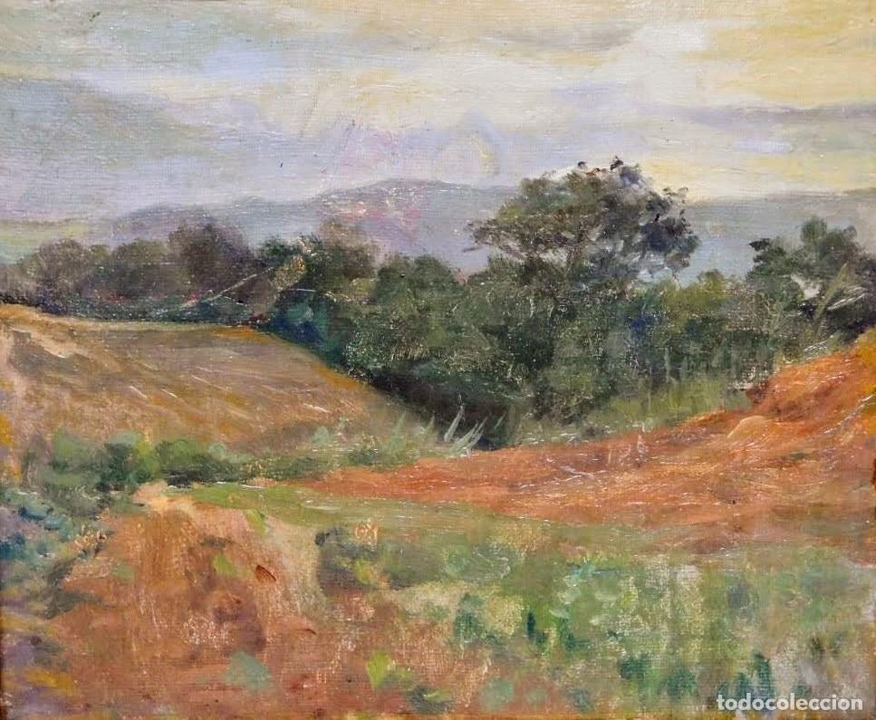 Arte: Escuela catalana finales s. XIX, &oacute;leo/lienzo reentelado 21 x 18 cm. Paisaje. Con marco.