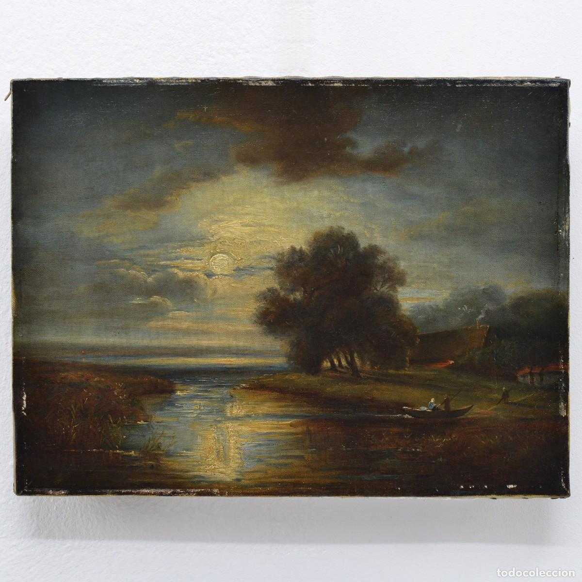 Arte: 19th Century European Romantic Moonlit River Landscape Oil Canvas Signed