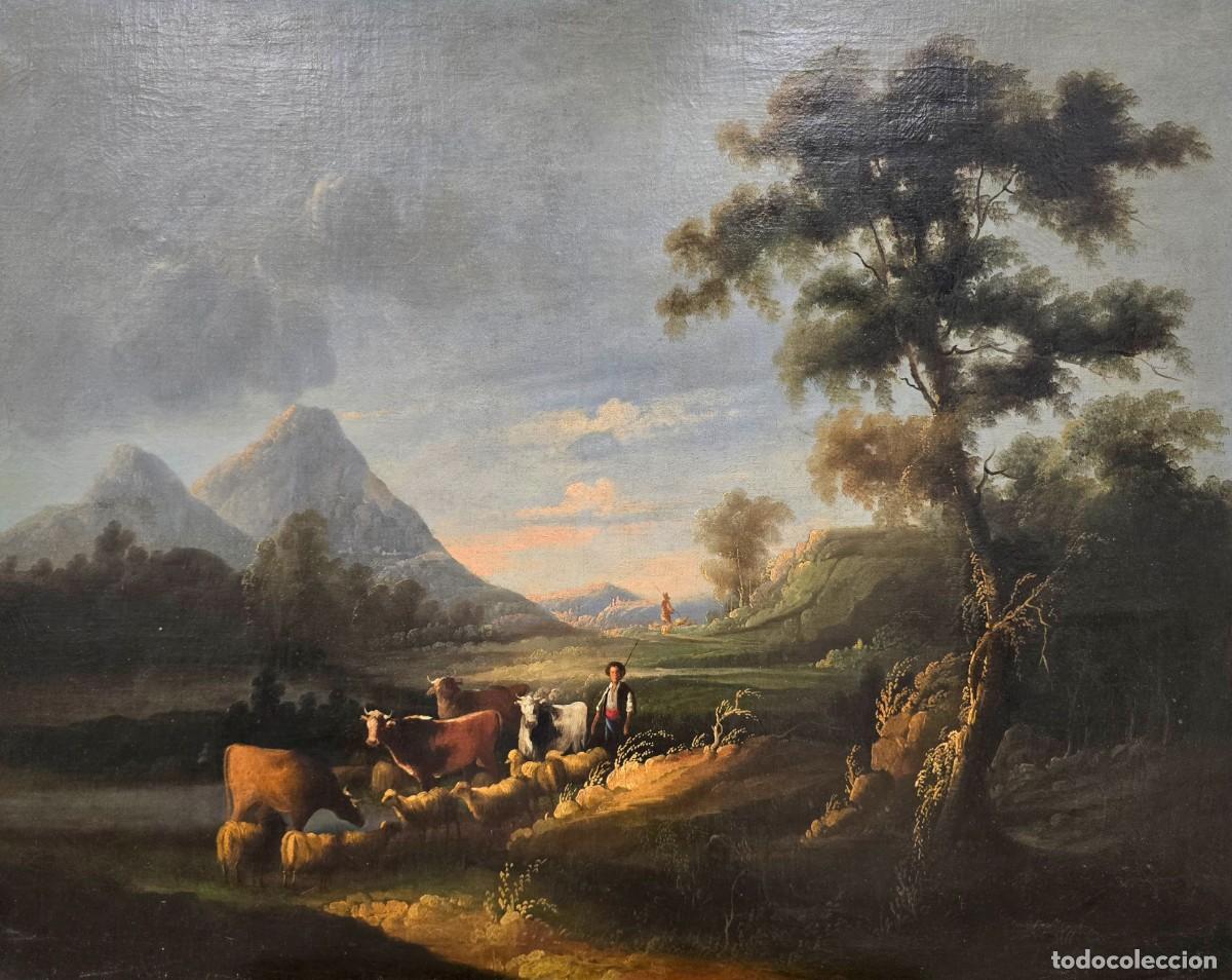 Arte: Escuela andaluza. Paisaje con personajes y ganado. &Oacute;leo siglo XIX