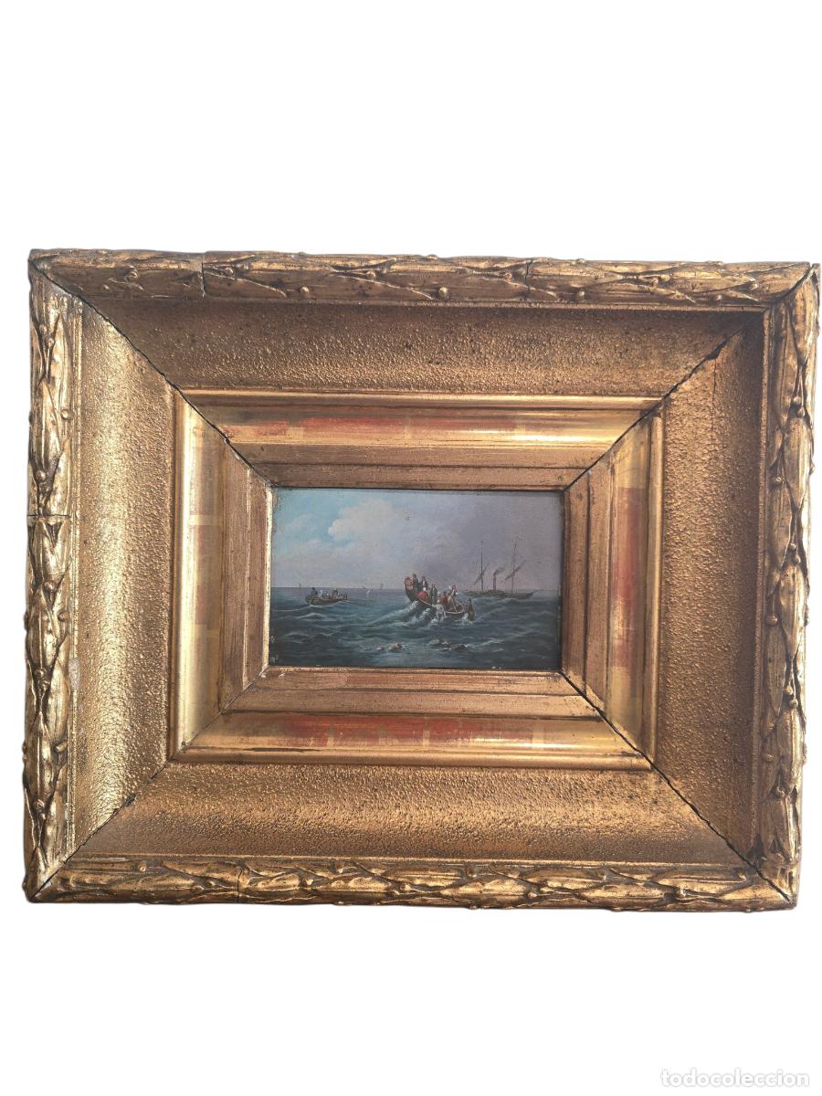 Arte: Pescador en el mar &ndash; &Oacute;leo sobre tabla con marco dorado de estilo cl&aacute;sico