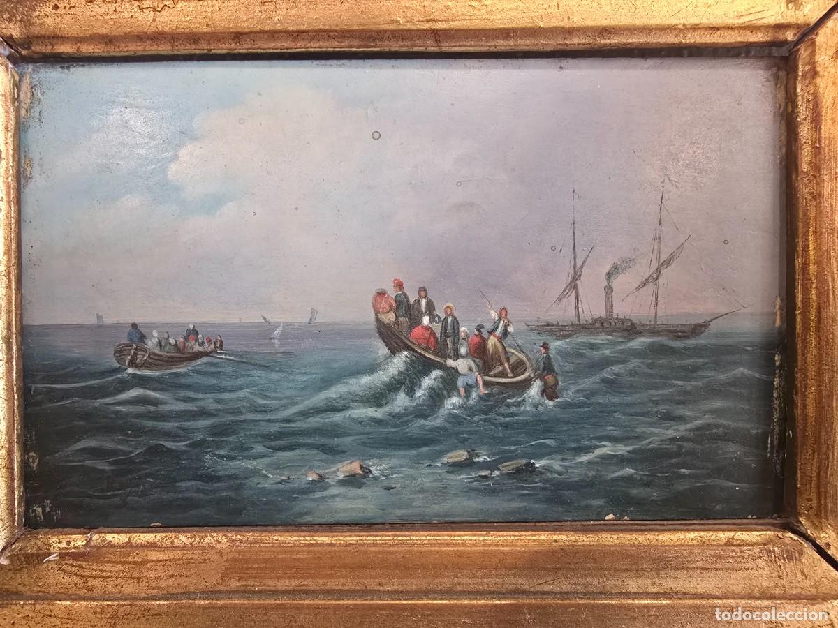 Kunst: Pescador en el mar &ndash; &Oacute;leo sobre tabla con marco dorado de estilo cl&aacute;sico