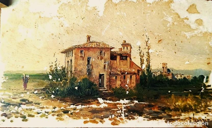 Arte: Enrique Saborit Arosa (Valencia, 1869-La Coru&ntilde;a,1928) &rdquo;Mas&iacute;a con pueblo al fondo&rdquo; &oacute;leo sobre opalina