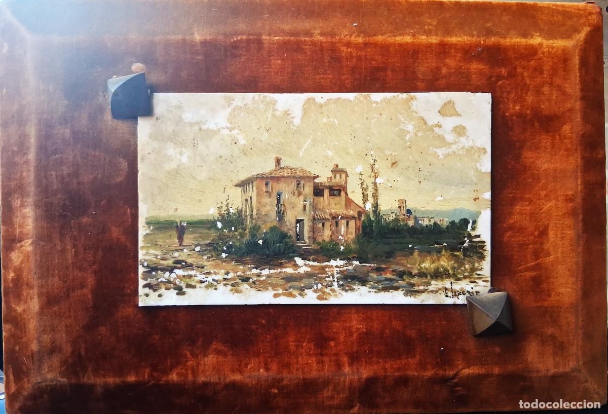 Art: Enrique Saborit Arosa (Valencia, 1869-La Coru&ntilde;a,1928) &rdquo;Mas&iacute;a con pueblo al fondo&rdquo; &oacute;leo sobre opalina