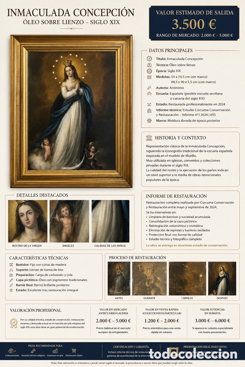 Arte: &Oacute;leo original sobre lienzo. Pintura religiosa del siglo XIX. Restauraci&oacute;n profesional documentada.