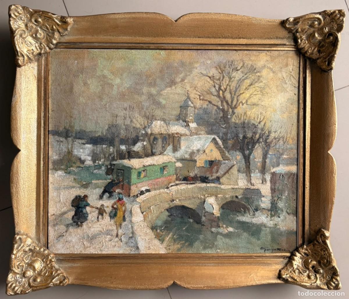 Arte: Georges Charles Robin &ndash; Pintura al &oacute;leo sobre lienzo con marco &ndash; Escena callejera de Par&iacute;s