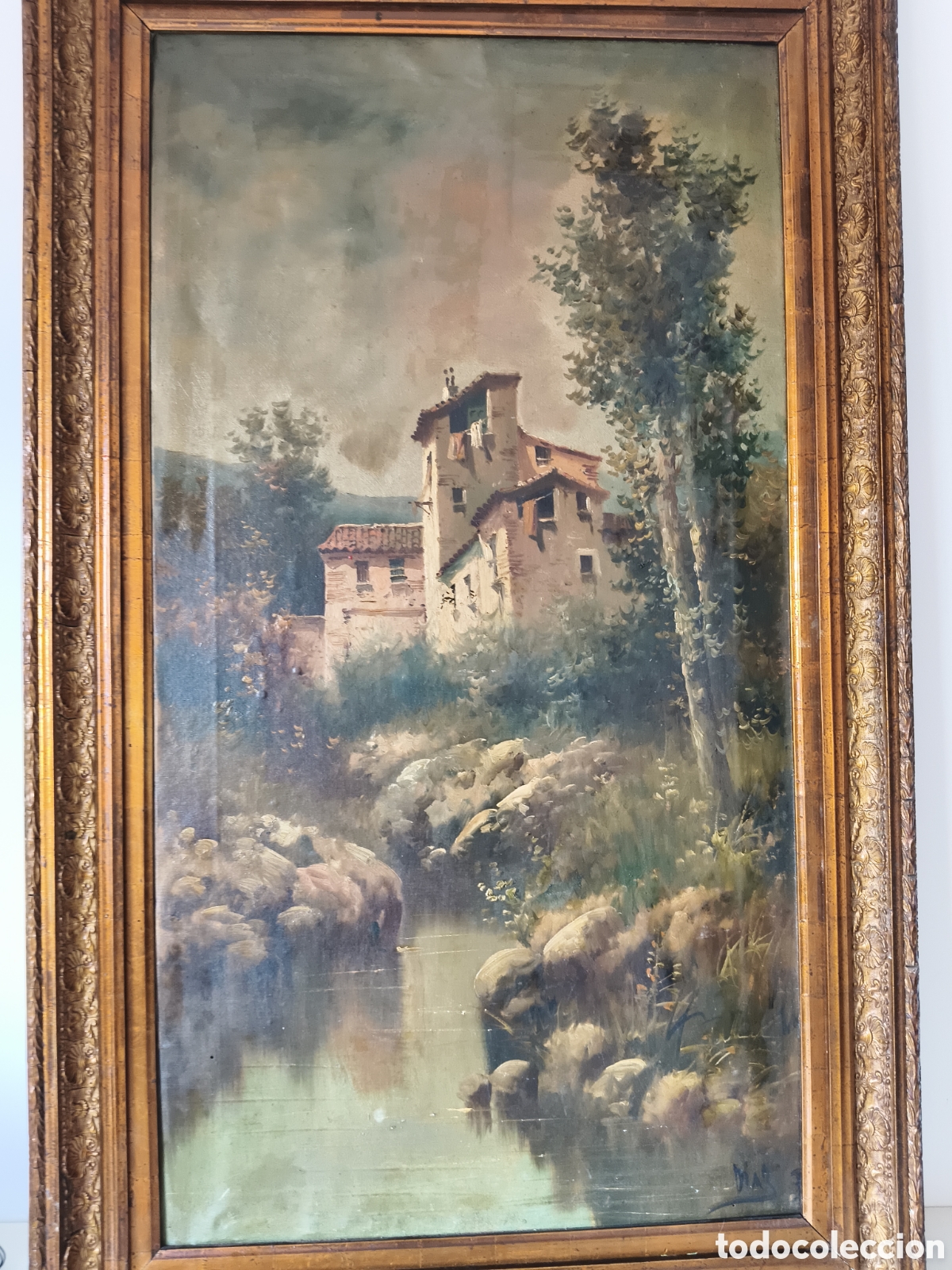 Arte: Oleo sobre lienzo firmado con paisaje de caser&iacute;o y chopo junto rio