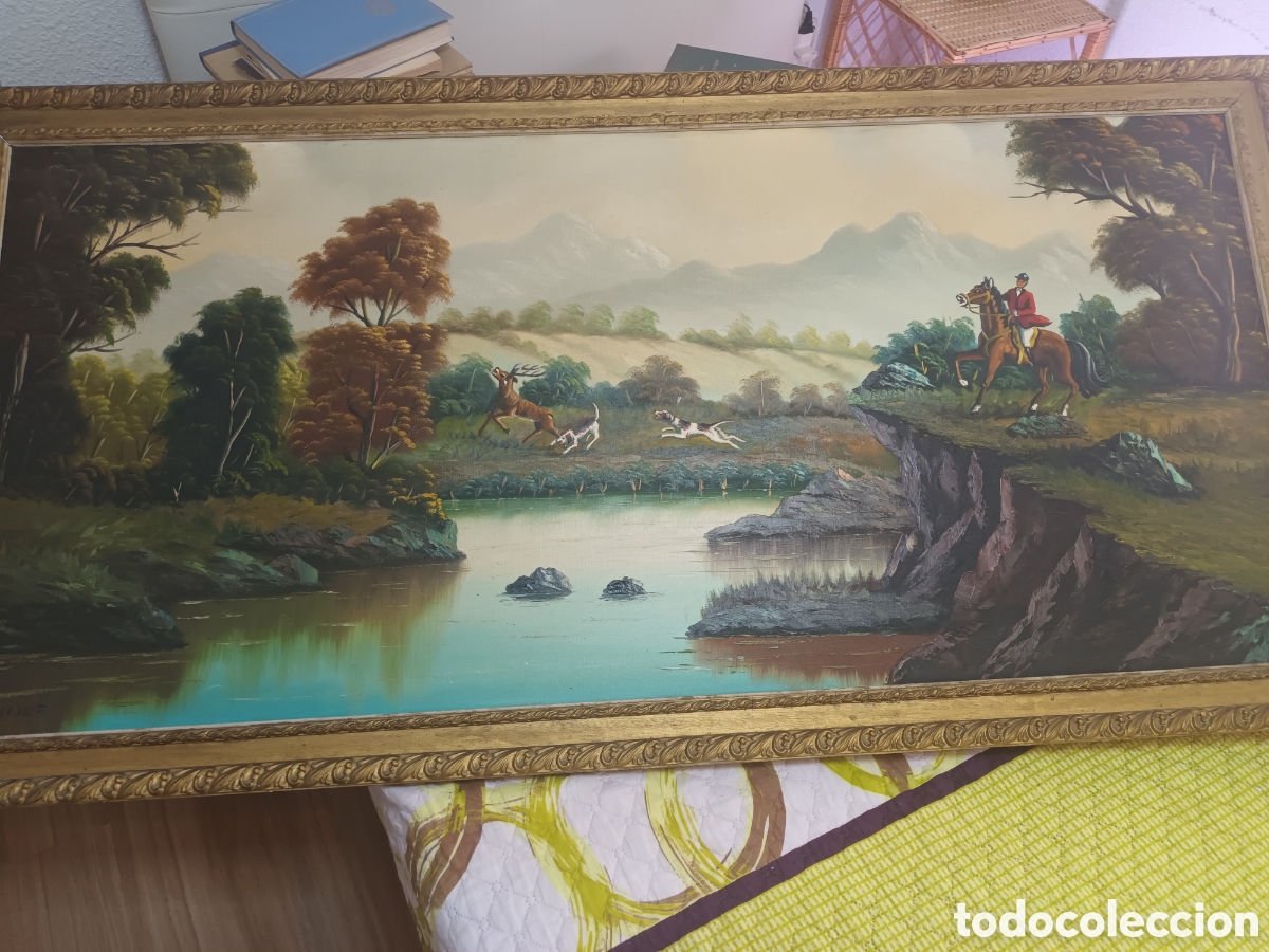 Arte: ANTIGUO Y PRECIOSO CUADRO PINTADO AL &Oacute;LEO DE PAISAJE CON JINETE MONTADO A CABALLO EN CACERIA