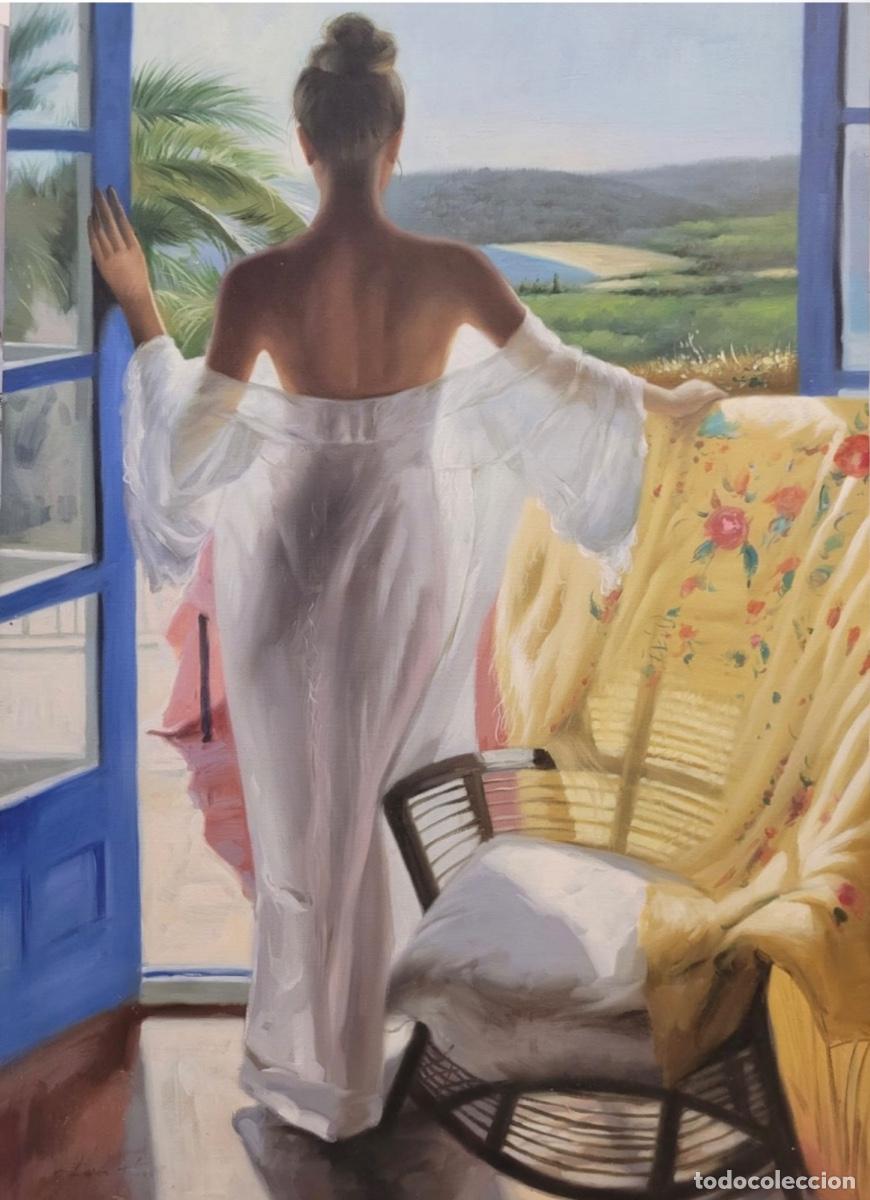 Arte: Oleo sobre lienzo , Mujer contemplando paisaje 90 x 60cms., sin firma