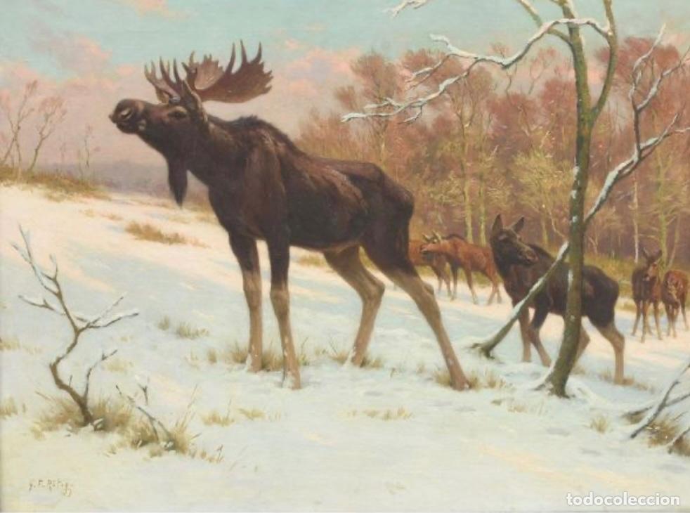 Arte: Oleo sobre lienzo , George Fr&eacute;deric R&ouml;tig (1873-1961) &ldquo;Alces en paisaje nevado&rdquo;