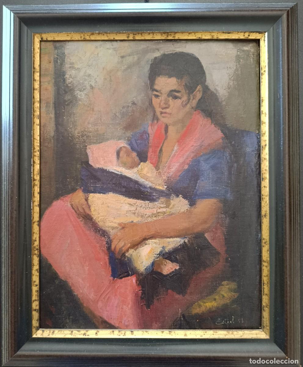 Arte: El amor de una madre - Pintura al &oacute;leo vintage de Etienne Steel, fechada en 1953 - Realismo belga