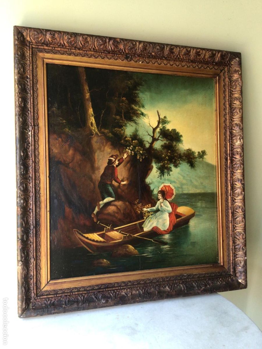 Arte: ANTIGUA PINTURA- ESCENA ROMANTICA , OLEO SOBRE TABLA, siglo 19