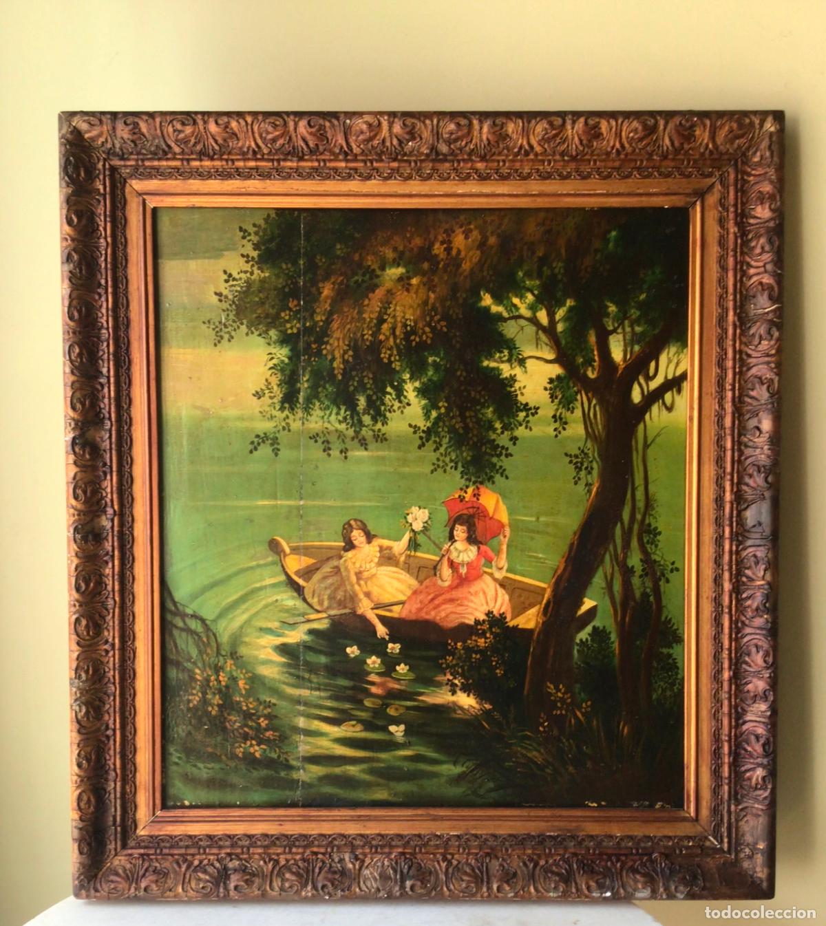 Arte: ANTIGUA PINTURA- ESCENA SOBRE UN LAGO , OLEO SOBRE TABLA, siglo 19