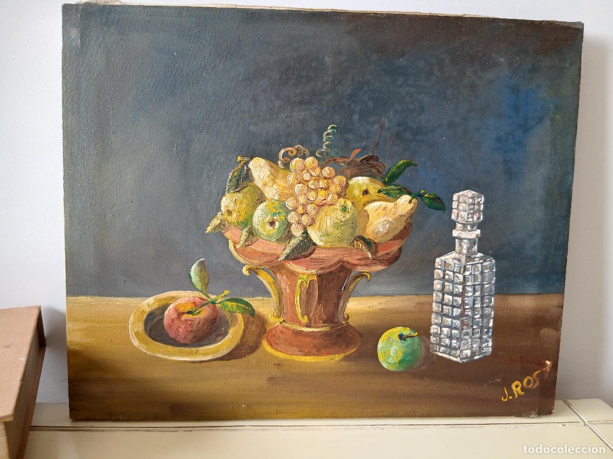 Arte: &Oacute;leo sobre lienzo - Bodeg&oacute;n de frutas y licorera - Juan Rost (1991) &rdquo;Naturaleza muerta&rdquo;