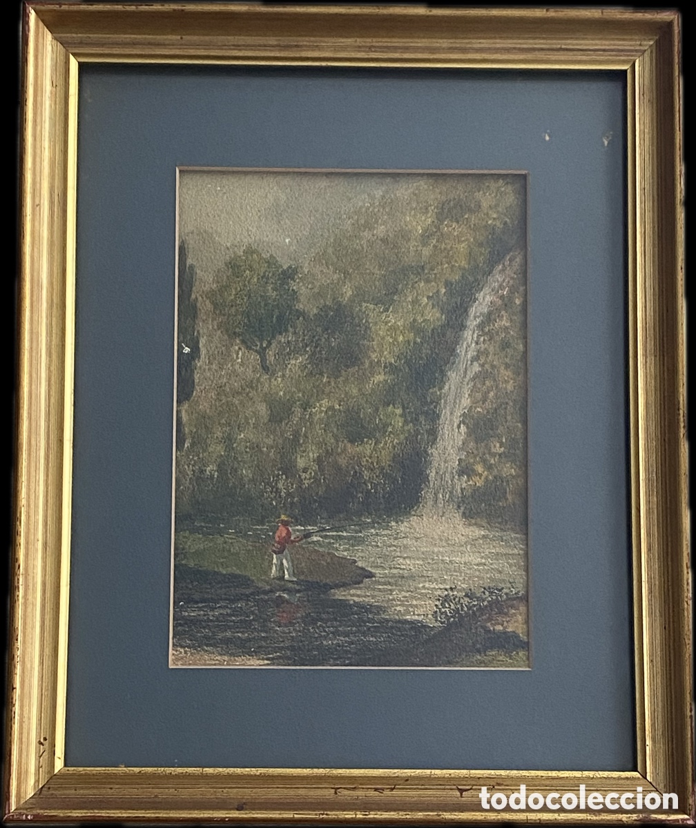 Arte: Manuel Garc&iacute;a Larrea &ndash; Acuarela original firmada &ndash; Paisaje con cascada &ndash; 48 &times; 39 cm