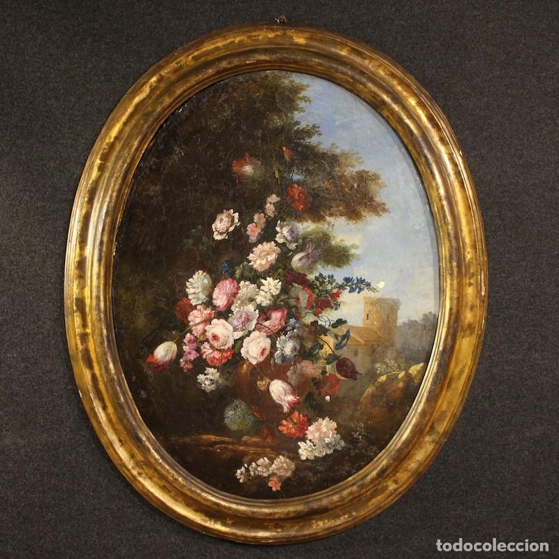 Arte: Pintura Bodeg&oacute;n ovalado italiano antiguo del siglo XVIII.