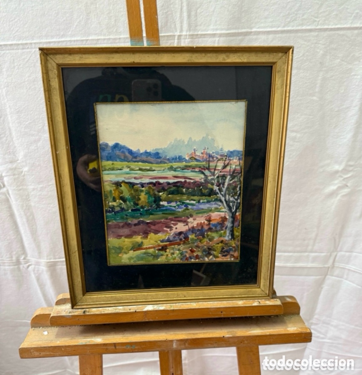 Kunst: Paisaje rural con pueblo al fondo. Acuarela sobre papel enmarcada