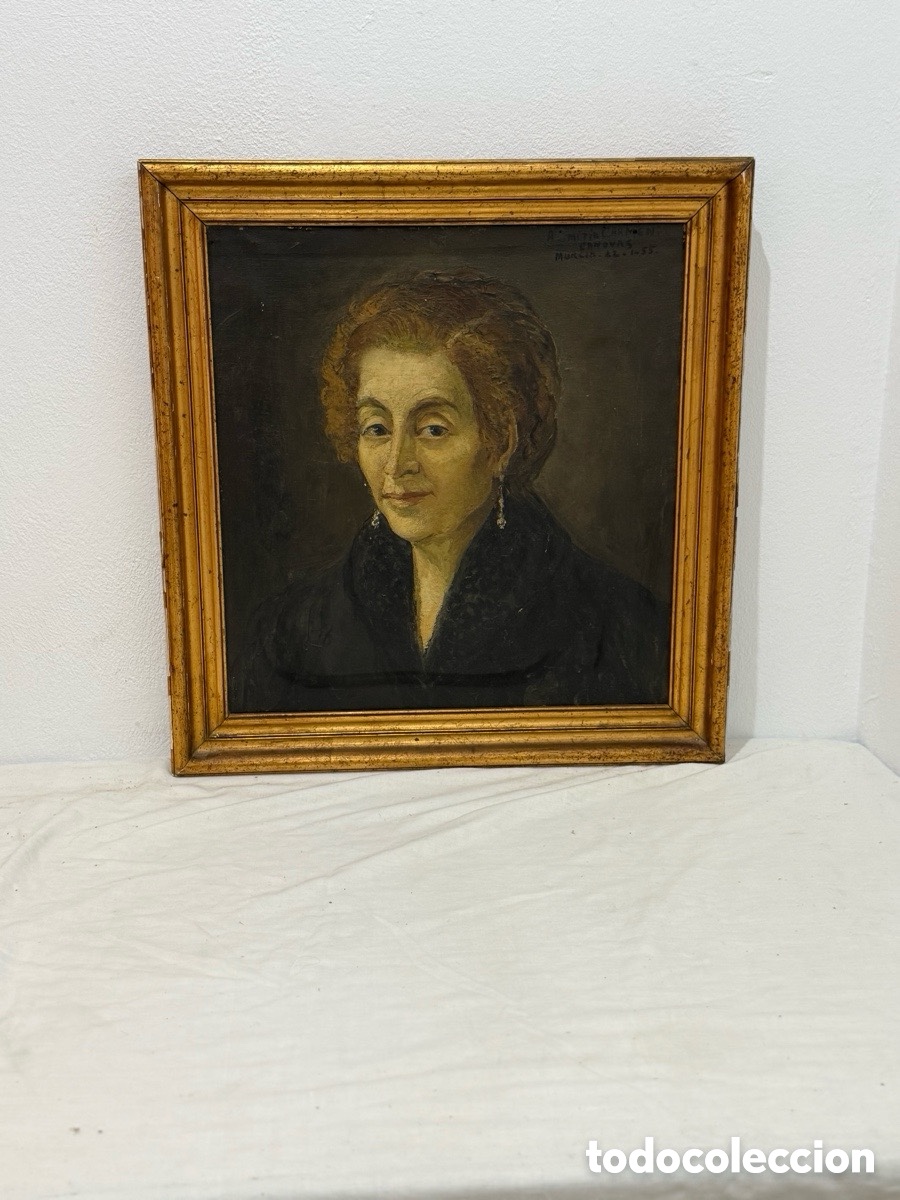 Kunst: &Oacute;leo sobre lienzo retrato femenino J. C&aacute;novas Murcia 1955 Retrato de mi t&iacute;a Carmen marco antiguo