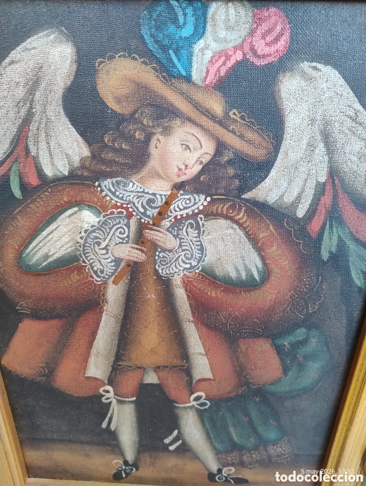 Arte: Espectacular &Oacute;leo Escuela Cuzque&ntilde;a - Arc&aacute;ngel Arcabucero - Gran Marco Tallado y Dorado
