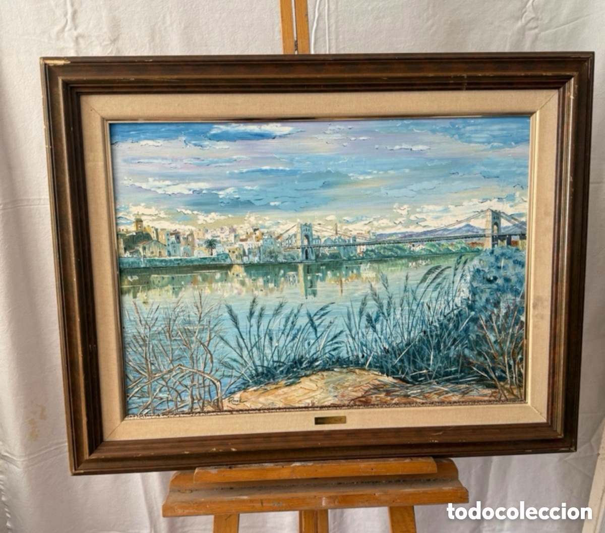 Arte: Ricard No&eacute; &oacute;leo sobre lienzo paisaje urbano r&iacute;o y puente obra firmada y enmarcada