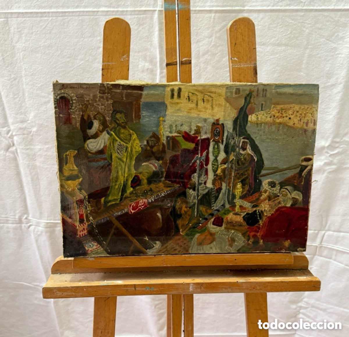 Arte: Escena orientalista &oacute;leo sobre lienzo firmado composici&oacute;n figurativa detallada