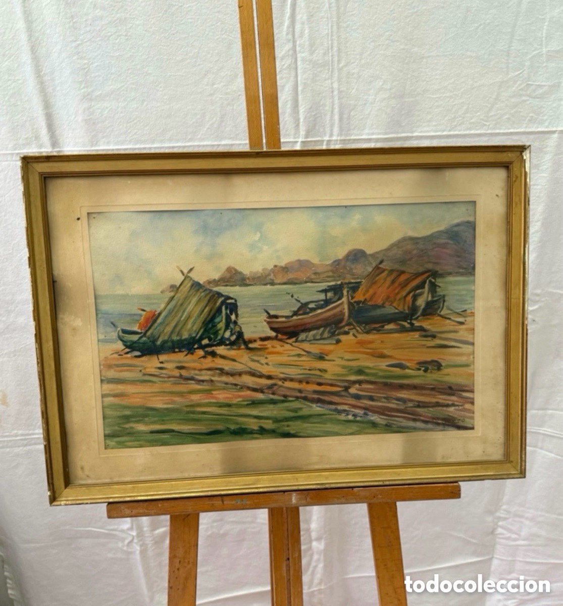 Kunst: Pere Gorro Costa acuarela escena calle enmarcada escuela catalana