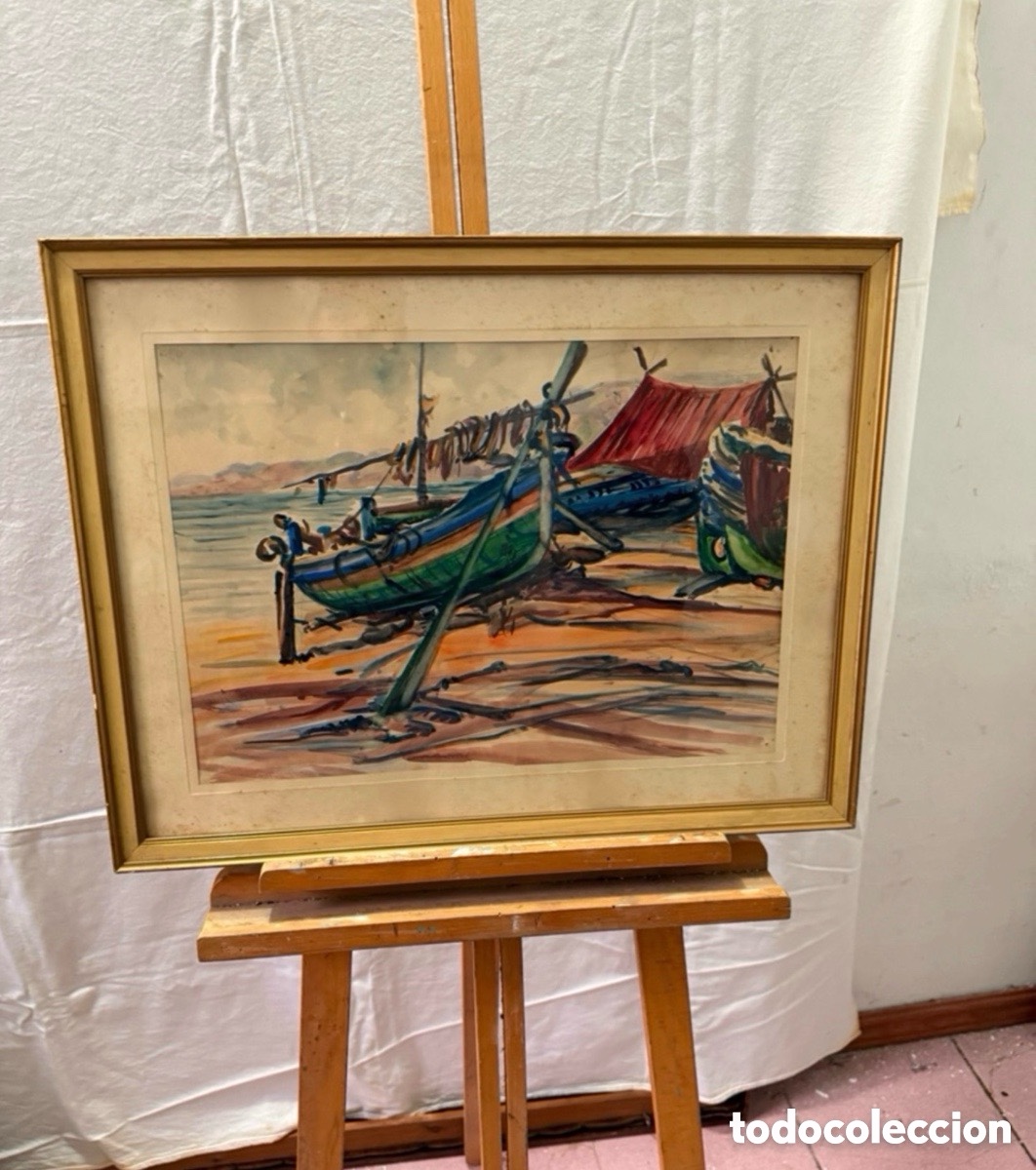 Arte: Pere Gorro Costa acuarela pintada a mano firmada barcas en la playa escuela catalana