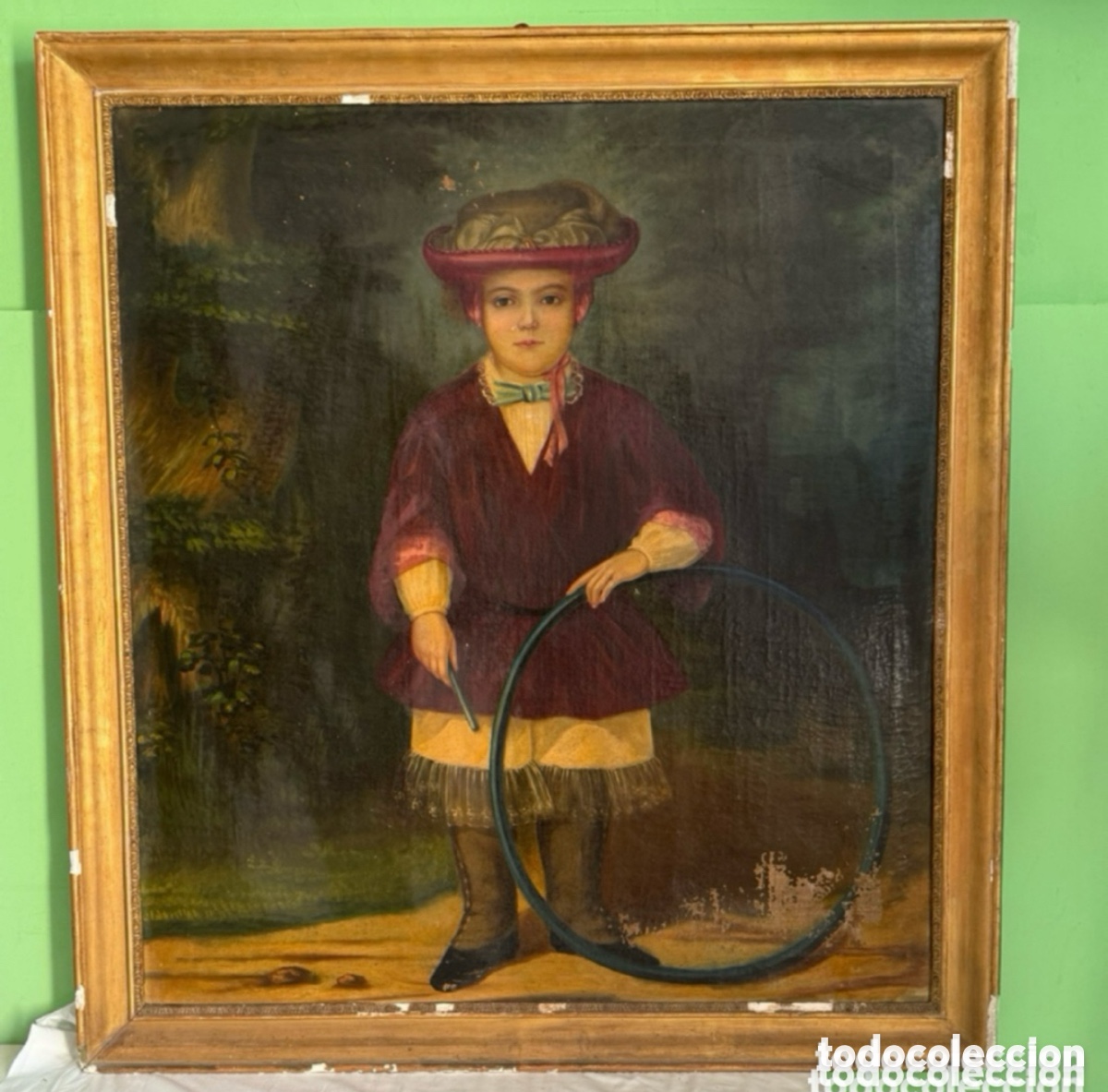 Arte: Antiguo &Oacute;leo sobre lienzo retrato ni&ntilde;o con aro siglo XIX. Grandes dimensiones. Medidas(127X115 cm)