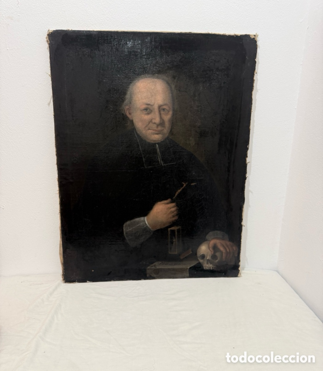 Arte: &oacute;leo sobre lienzo religioso Memento Mori sacerdote barroco siglo XVII XVIII restaurado