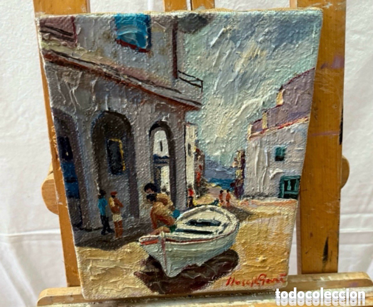 Arte: Joan Josep Gar&iacute; (1922) - Puerto mediterr&aacute;neo con barca. Lienzo firmado. Pintura Catalina