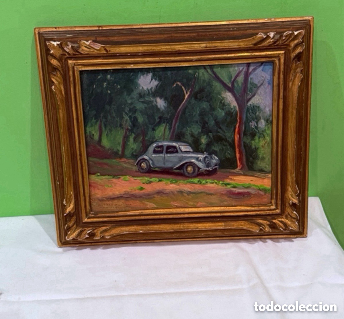 Arte: Arturo Mart&iacute;nez Cabezas (Valencia 1899) &oacute;leo sobre tablex firmado paisaje con autom&oacute;vil cl&aacute;sico.