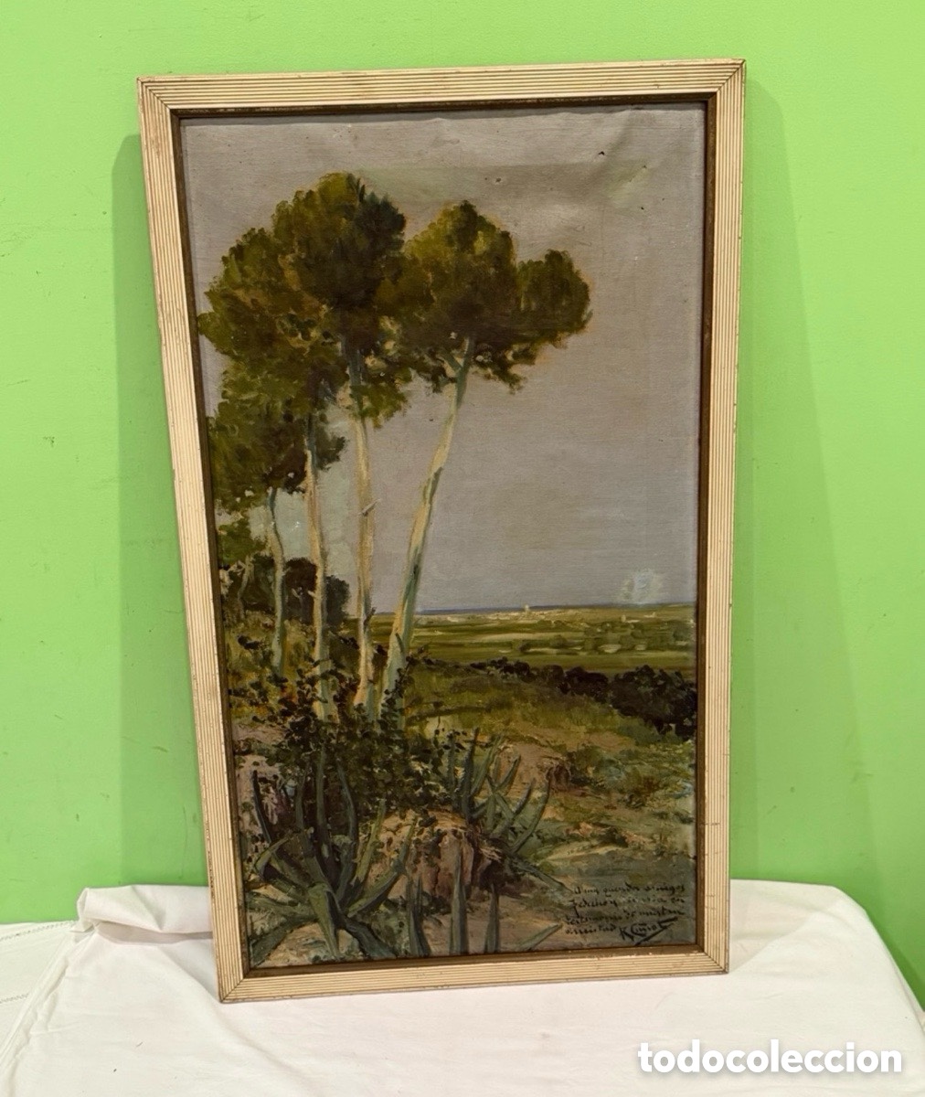 Arte: R Cu&ntilde;at &oacute;leo sobre tablex paisaje firmado enmarcado obra a estudiar