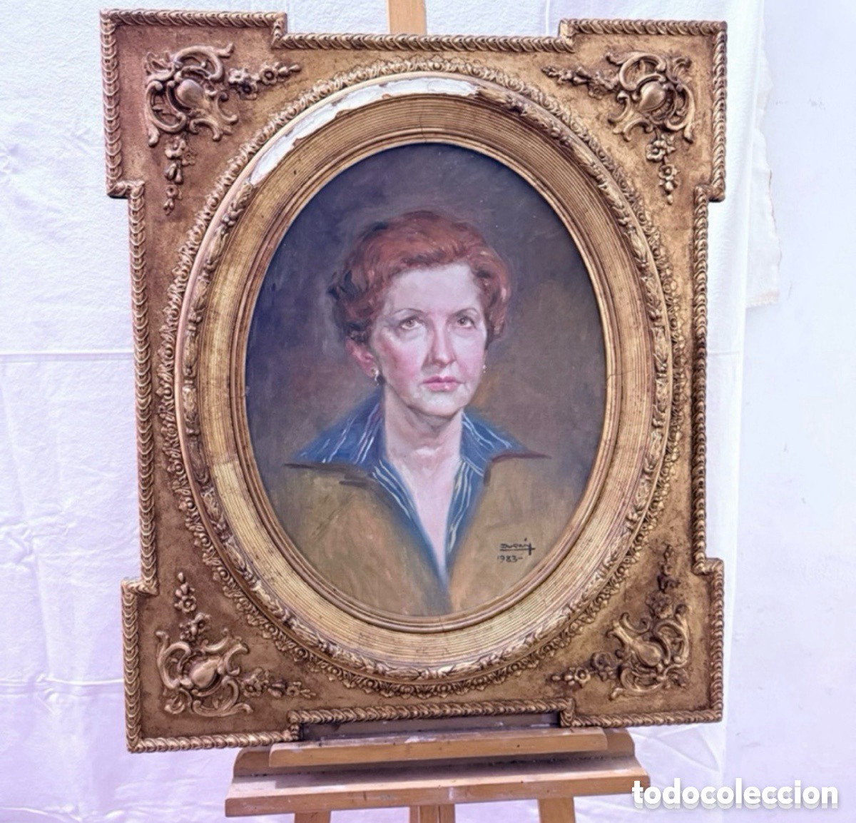 Kunst: Retrato femenino. &Oacute;leo sobre lienzo firmado Dur&aacute;n 1983. Gran marco cl&aacute;sico
