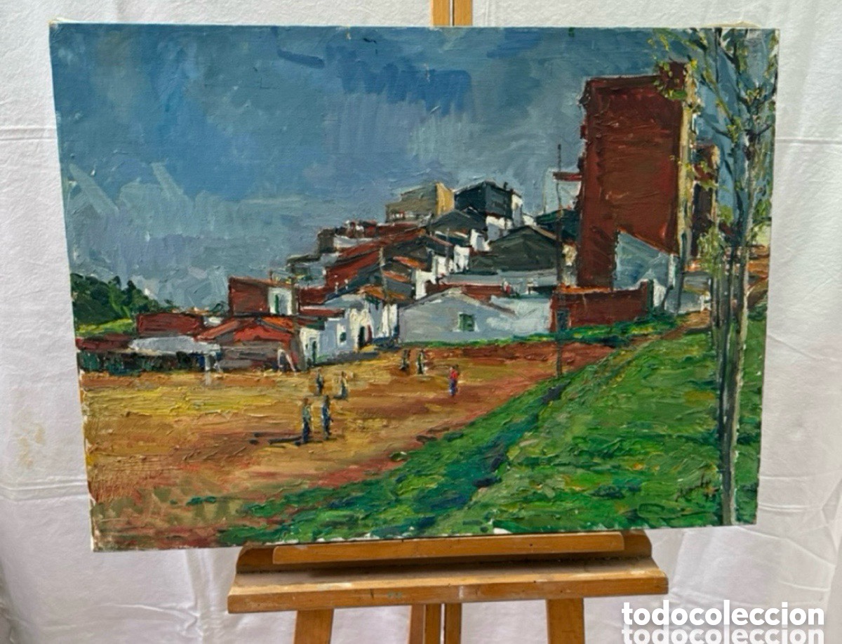 Arte: Salvador Baliellas Oliva (Vic, Barcelona, 1932) paisaje de pueblo mediterr&aacute;neo con figuras