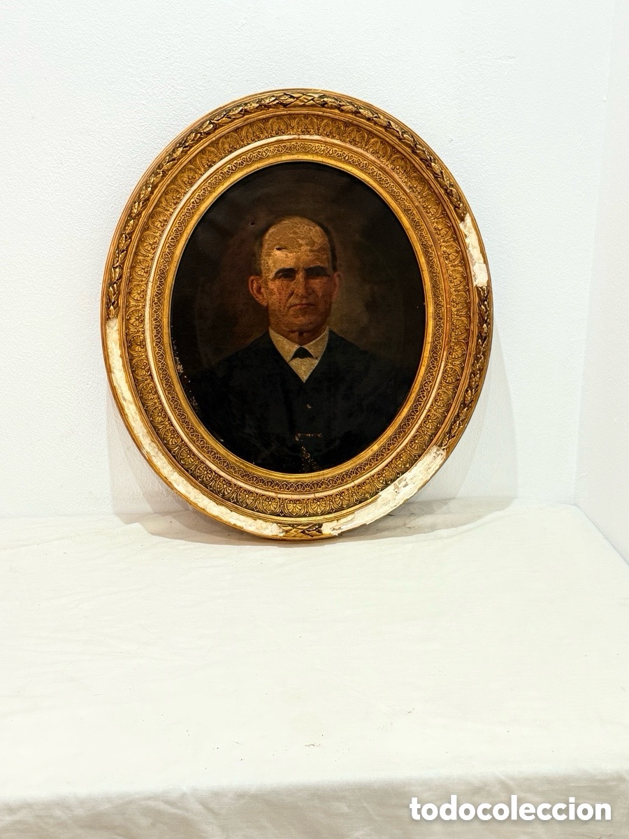 Arte: Antiguo retrato masculino &oacute;leo sobre lienzo ovalado siglo XIX para restaurar