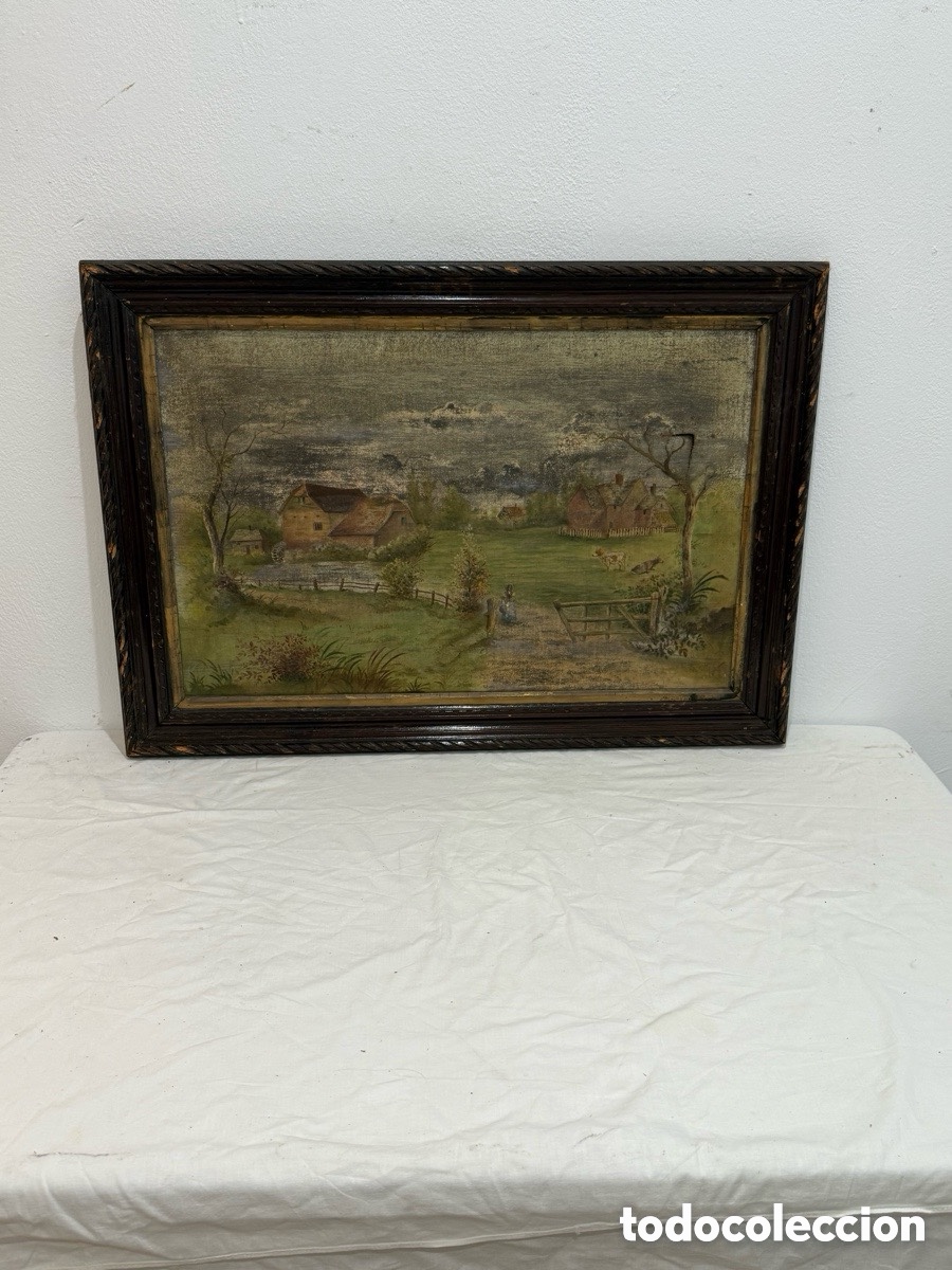 Arte: &Oacute;leo antiguo paisaje rural campestre con granja y molino siglo XIX lienzo y marco original de &eacute;poca