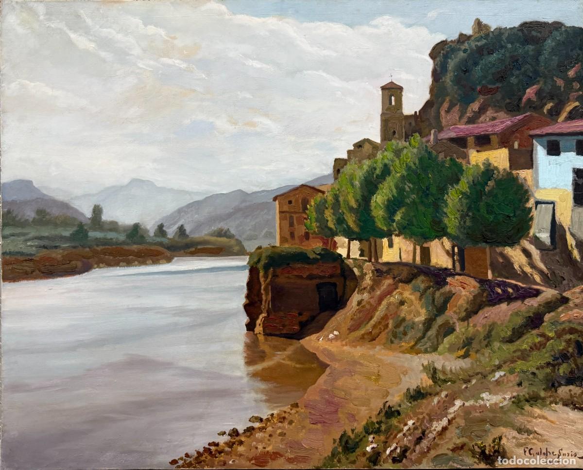 Arte: Francesc Galofr&eacute; Sur&iacute;s - Paisaje mediterr&aacute;neo con pueblo y r&iacute;o, &oacute;leo sobre lienzo, 1964