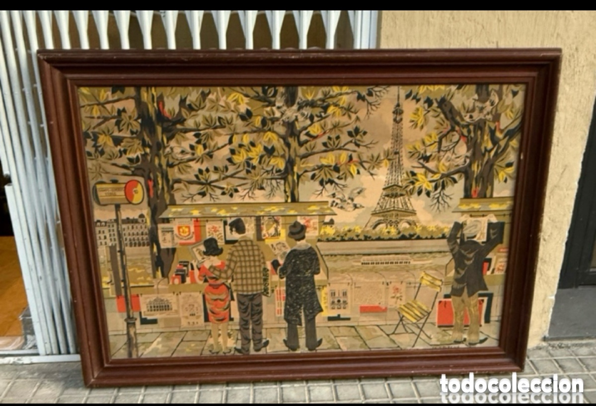 Art: Tapiz franc&eacute;s pintado de pared - Par&iacute;s con Torre Eiffel - firmado J. C. Bissery - vintage