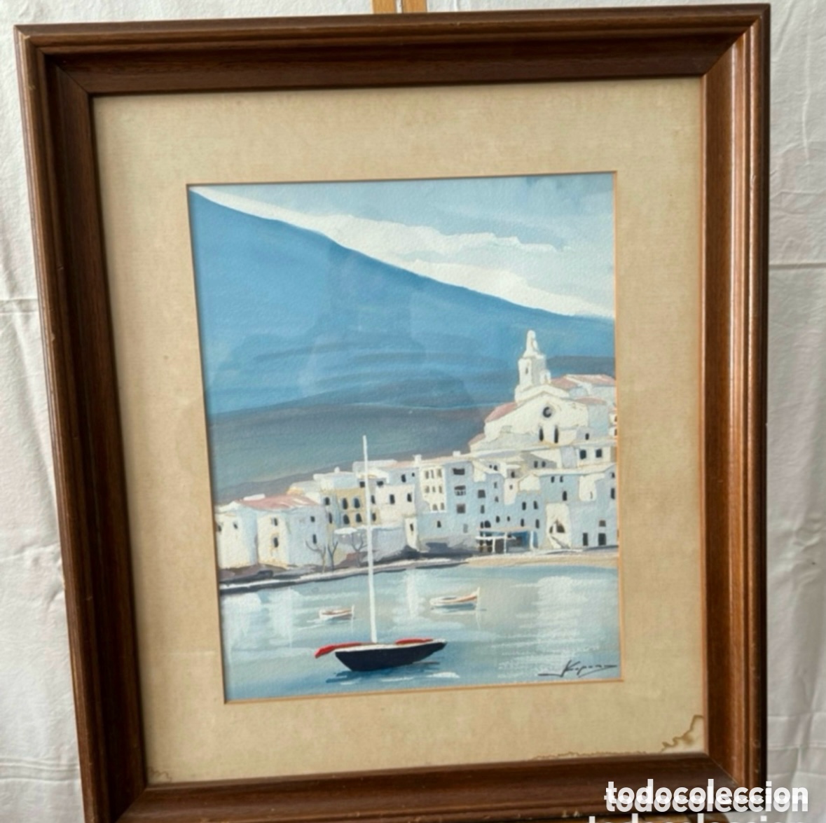 Art: Joan Copons paisaje marinero &oacute;leo sobre papel enmarcado (60x54 cm).